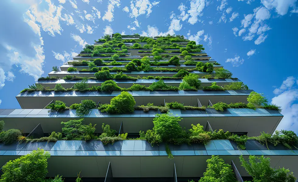 Fachada de una edificación sostenible con abundante vegetación